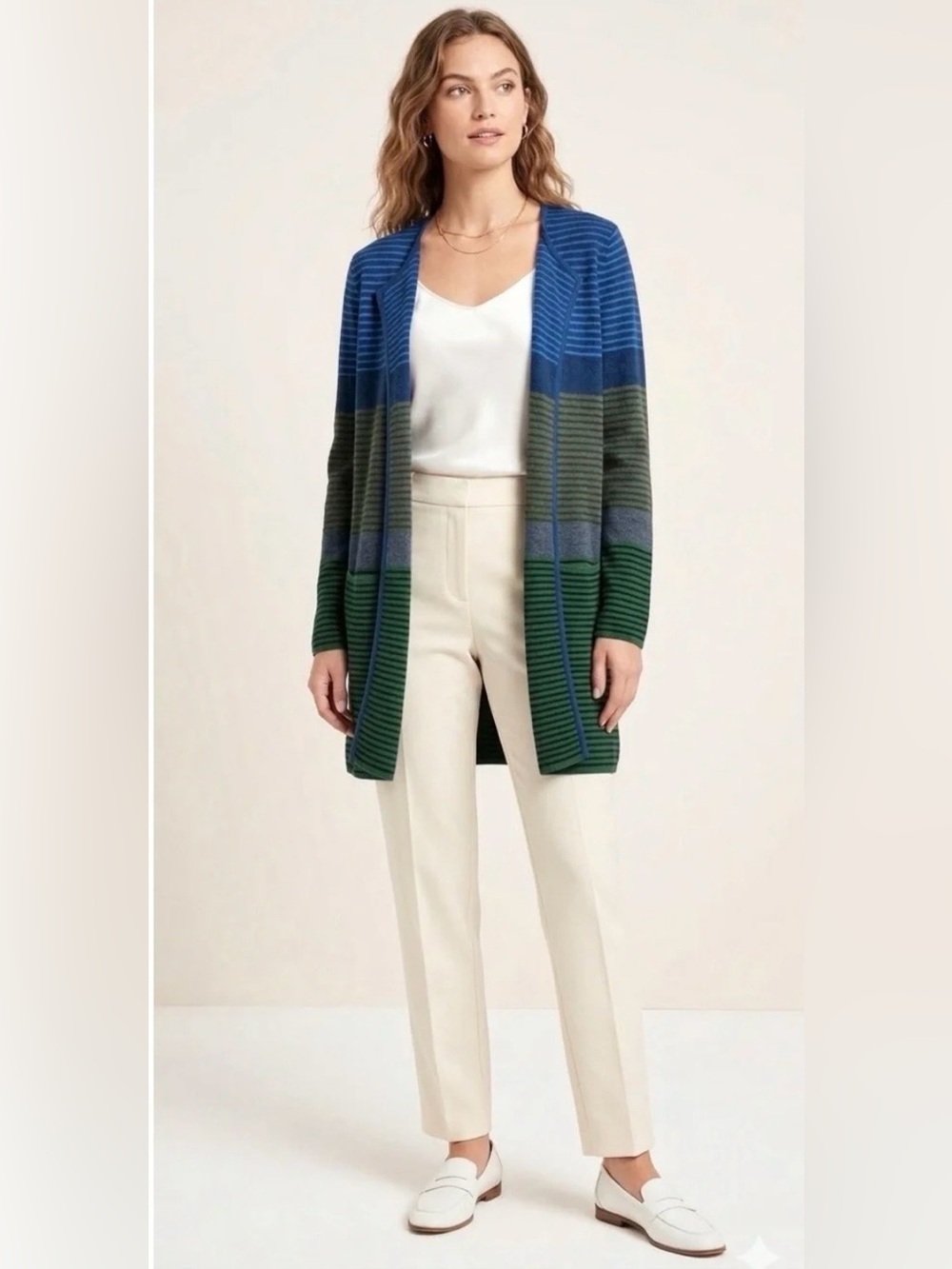 Talbots Blue, Olive & Forest Green Striped Open-Front Cardigan